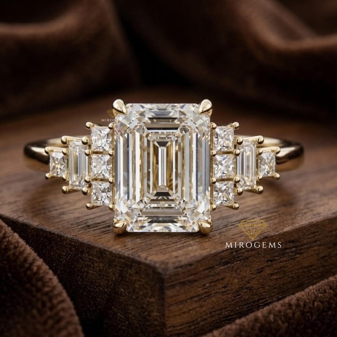 5 CT Emerald Cut Diamond Engagement Ring With Side Baguette Diamonds ...