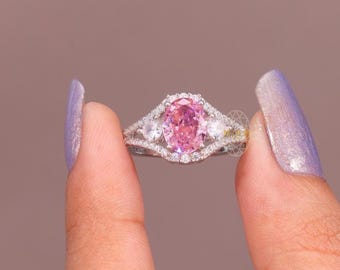 Anello di fidanzamento con moissanite ovale rosa / solitario in oro 14 carati, accenti laterali