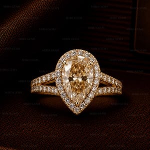 5ct Champagne Pear Cut Lab Grown Diamond Ring, Halo Engagement Ring, Split Shank Pave Band, Yellow Gold Unique Bridal Ring