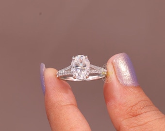 Oval Moissanite Engagement Ring, Hidden Halo, Split Shank, 14k Gold