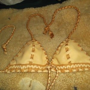 Hand Laced Ivory and Saddle Tan Yoke Bra Top Bralette Halter leather Bra