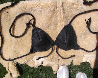 Hand Laced Black Deerskin Leather Bra Bralette Short halter Contoured