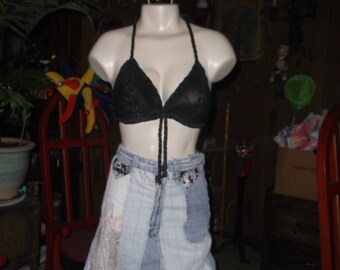 Black deerskin bra/Handlaced leather bra/ Black leather bra/ Black deerskin halter/