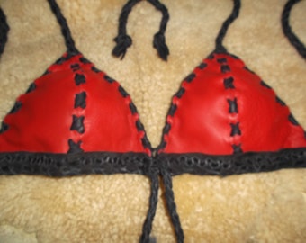 Hand Laced Red Cowhide and Black Deerskin Yoke Bra Top Halter Bralette