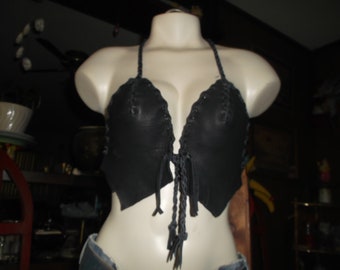 Hand Laced Black Deerskin Leather Leder Raunch Bra Top Bralette Halter Top