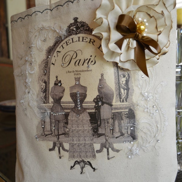 Paris Canvas Tote Bag- Shabby Chic Muslin Rose