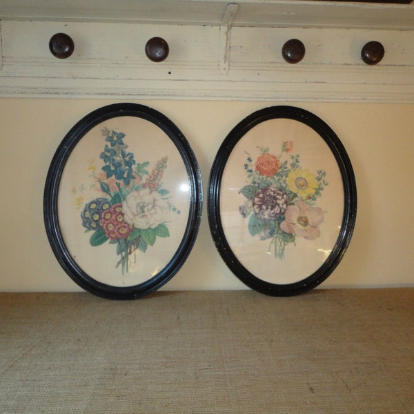Large Vintage Floral Pictures in Oval Frames - Cottage Home - Shabby Chic - Romantic Home