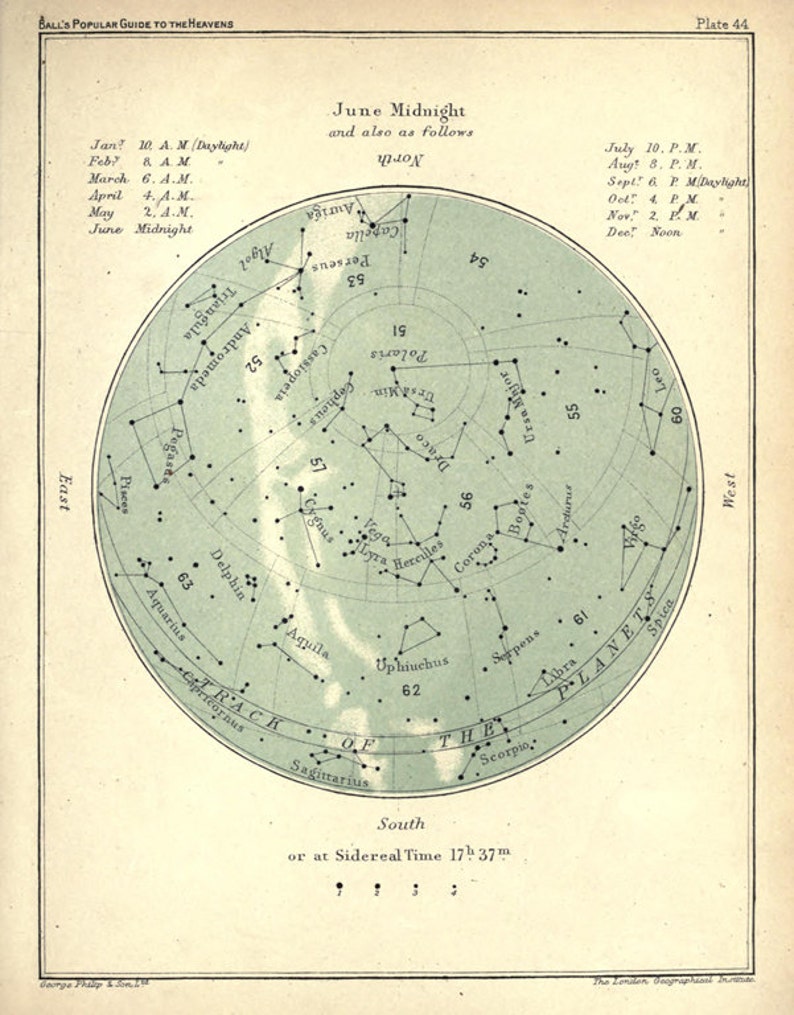 June Constellation Star Chart Popular Guide to the Heavens Art Etsy