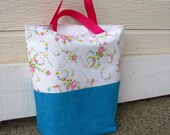 Tote Bag, Floral and Blue, Repurposed Pillowcase