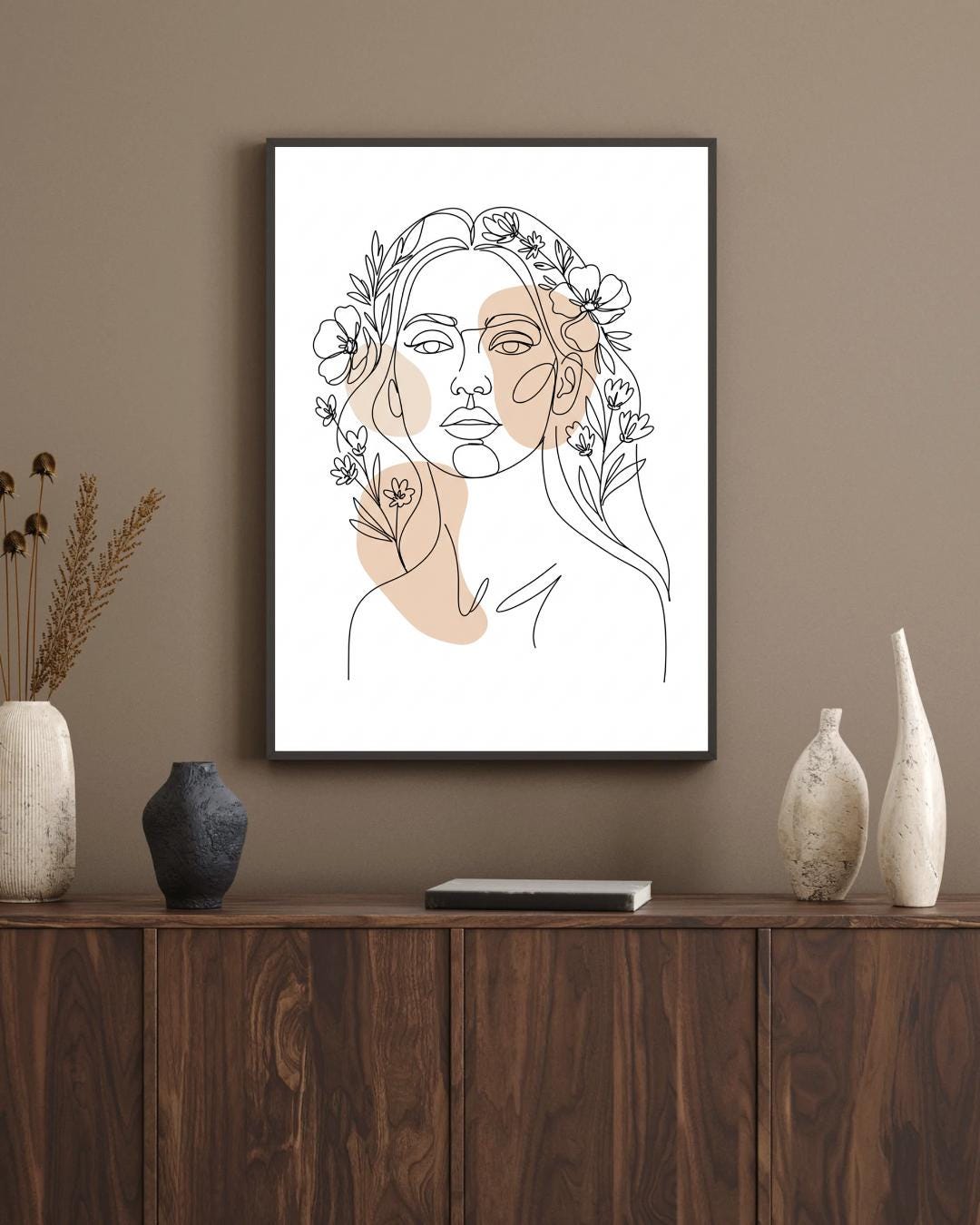 Floral Woman Line Art Print – Minimalist Face Drawing, Black & White ...