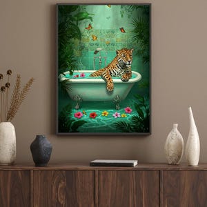 Whimsical Jaguar Bath Art – Tropical Animal Bathroom Print, Jungle Flowers Poster, Surreal Clawfoot Tub Decor