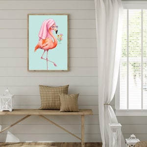 Watercolor Flamingo Wall Art – Tropical Cocktail Animal Print – Pink Summer Beach Decor – Printable Dopamine Wall Poster