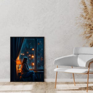 Rainy Window Digital Print – Moody Watercolor Wall Art for Cozy Decor