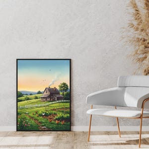 Vintage Farmhouse Watercolor Print – Rustic Country Home Art with Chickens