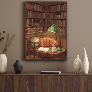Library Reading Nook Print – Vintage Study Wall Art – Cozy Book Lover Watercolor Decor