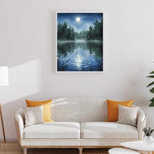 Aquarell Mondlicht Wald Wandkunst – Mystischer Nachthimmel mit Wasserspiegelungen – Ruhige Natur Poster – Sternennebel Landschaftsdruck