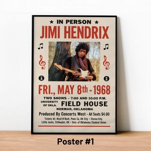 Jimi Hendrix Poster, Vintage 1968 Concert Print, Vintage Music Wall Art, Retro Rock Decor, Gift for Music Lovers, Home Decor