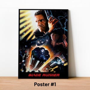 May include: A framed movie poster for Blade Runner. The poster features a man holding a gun, with a woman in the background. The title "Blade Runner" is in red at the bottom, with "Poster #1" below it.