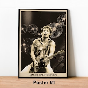 May include: Black and white poster featuring Bruce Springsteen playing a guitar on stage. The poster has a sepia tone and includes the text "BRUCE SPRINGSTEEN" and "Poster #1". Disco balls are in the background.
