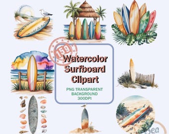 Watercolor Surfboard Clipart Bundle Tropical Surf PNG Illustrations Beach Summer Digital Clipart Vibrant Ocean Wave Surfing Art Collection