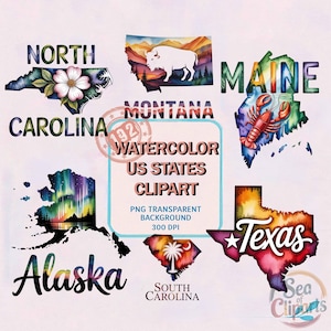 182 Watercolor US State Clipart Bundle: Transparent PNG Designs (Digital Download)