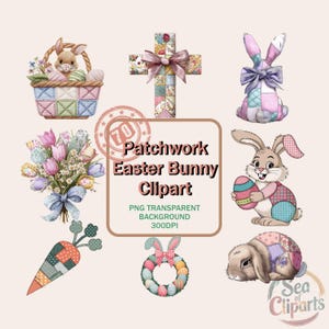 Könnte beinhalten: Eine Sammlung von Patchwork-Osterhasen-Clipart-Bildern. Die Bilder zeigen einen Hasen in einem Korb, ein Kreuz, einen Hasen mit einer Schleife, einen Hasen mit einem Ei, eine Karotte, einen Kranz und einen liegenden Hasen. Der Text lautet "Patchwork Easter Bunny Clipart".