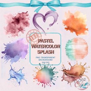 162 Pastel Watercolor Splash Clipart Bundle, Soft Pastel WaterColor Paint Textures, Abstract Design Art Elements PNG, Artistic Backgrounds