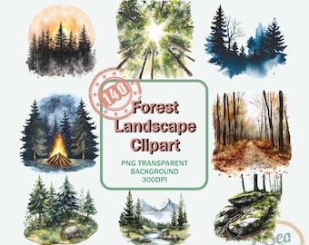 May include: A collection of watercolor forest landscape illustrations featuring pine trees, a campfire, a mountain stream, and autumn paths. The central text reads Forest Landscape Clipart, PNG Transparent Background, 300DPI, with a circular 140 stamp.