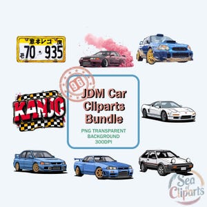 May include: A collection of JDM car clip art images, including a license plate, a Kanjo graphic, and various car models in blue, white, and black. The text "JDM Car Cliparts Bundle" is also present.