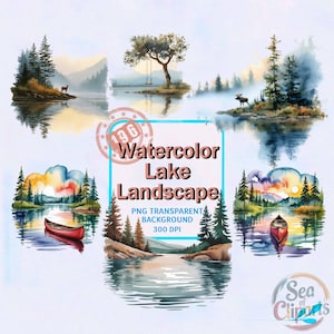 Paquete de 196 imágenes prediseñadas de paisajes de lago en acuarela, imágenes prediseñadas de vistas de naturaleza, lago, bosque, escenas de la naturaleza PNG, arte PNG de naturaleza serena, lago de montaña y paz