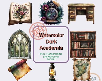 Watercolor Dark Academia Clipart Bundle Vintage Library PNG Illustrations Moody Scholar Digital Clipart Gothic Book Lover Art Collection