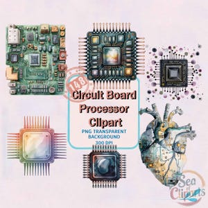 148 Platinen-Prozessor Clipart-Bundle, Microchip Tech Hardware Illustration Png, Aquarell Platine, Platinen-Sci-Fi-Motherboard