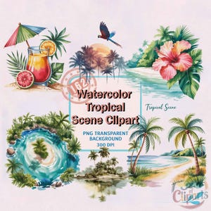 162 Watercolor Tropical Scene Clipart Bundle, Palm Beach Summer Holiday Illustrations, Island Paradise PNGs, Exotic Beach Scenes, Paradise