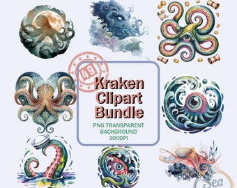 Watercolor Kraken Clipart Bundle 49 PNG for Sublimation Stickers — Mystical Sea Monster Designs, Instant Download File Collection Set