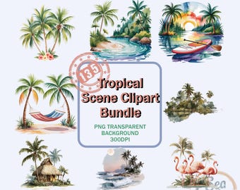 Tropical Scene Clipart Bundle Watercolor Beach PNG Illustrations Summer Paradise Digital Clipart Palm Tree Island Vacation Art Collection