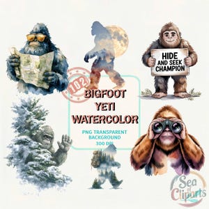 102 Watercolor Bigfoot & Yeti Clipart Bundle: Camping Cryptid Illustrations Etc. (PNG, Digital Download)