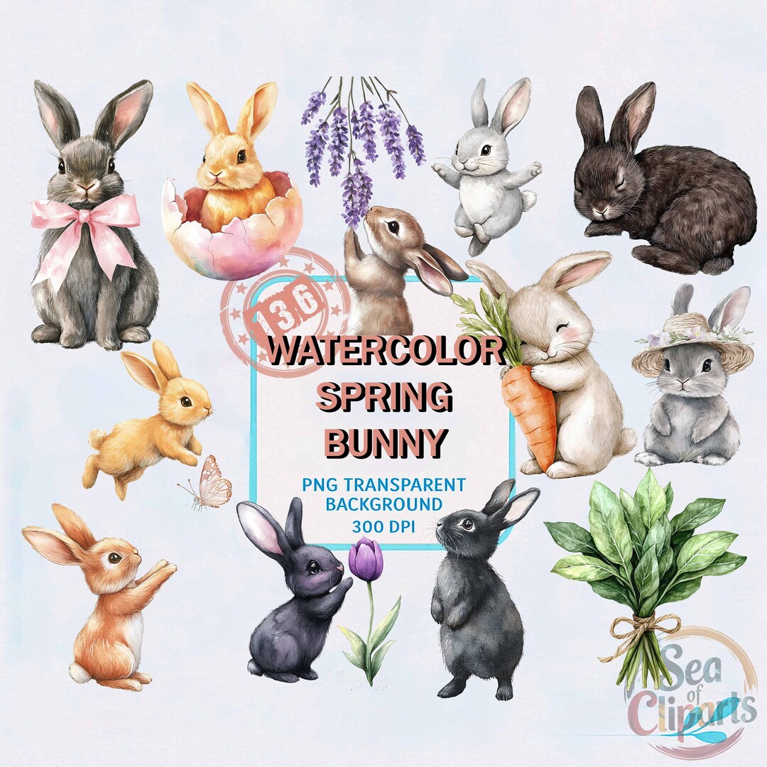 136 Watercolor Spring Bunny Clipart Bundle: Easter Floral PNG Set ...