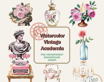 Watercolor Vintage Academia Clipart Bundle Dark Library PNG Illustrations Classic Book Scholarly Digital Clipart Retro Study Art Collection