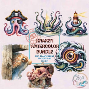 49 Watercolor Kraken Clipart Bundle, Watercolor Octopus & Sea Monster PNG, Nautical Pirate Tentacle Art, Shipwreck Kraken Eye, Ocean Beast