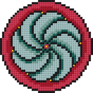 May include: A circular design with a red border and a blue and green centre. The centre has a swirling pattern with yellow dots around the edge.