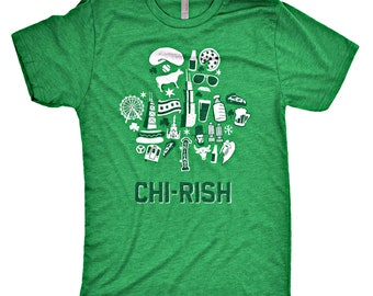 May include: Green t-shirt featuring a white graphic of Chicago landmarks and icons, such as a Ferris wheel, hot dog, and the Chicago skyline. The text "CHI-RISH" is printed in white below the graphic.
