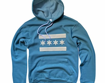 Premium Vintage Wool Felt Applique Chicago Flag Light Blue Hoodie Sweatshirt