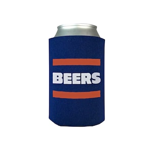 May include: A blue and orange can cooler with the word "BEERS" printed in white.