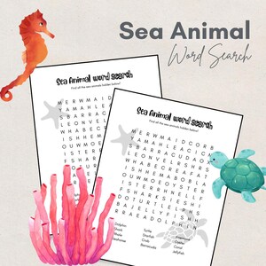 Ocean Animal Puzzle Printable Word Search Activity for Kids