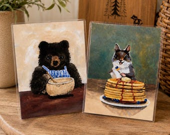 Laminated Art Print Set, Woodland Animal Illustration Cards, Cute Bear & Squirrel Kitchen Decor, Nature Inspired Gift Set, Handmade Art Card