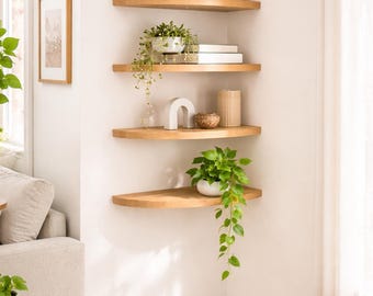 Mensola angolare galleggiante realizzata a mano - Mensola da parete in legno personalizzabile in colore e dimensioni - Vernice trasparente opaca effetto seta - Decorazione angolare minimalista salvaspazio