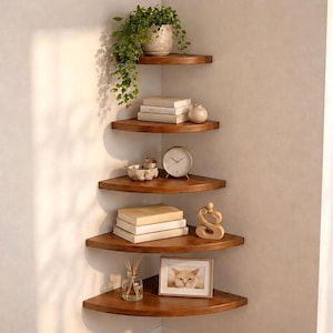 May include: A set of five wooden corner shelves, each a different level, displaying decorative items. The shelves hold books, a small clock, a framed picture of a cat, and a small plant. The shelves are a warm brown color and are mounted on a light-colored wall.