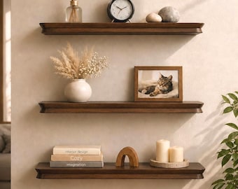 Mensola da parete in legno realizzata a mano, mensola rustica sospesa, colore noce scuro, mensole decorative moderne per soggiorno, cucina e ingresso.