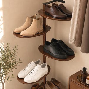 May include: A vertical wooden shoe rack with five oval shelves arranged in a spiral pattern. The rack holds various footwear including brown leather oxfords, beige suede chelsea boots, black trainers, white leather trainers, and suede loafers.