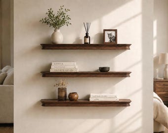 Mensola da parete in legno realizzata a mano, mensola rustica sospesa, colore noce scuro, mensole decorative moderne per soggiorno, cucina e ingresso.